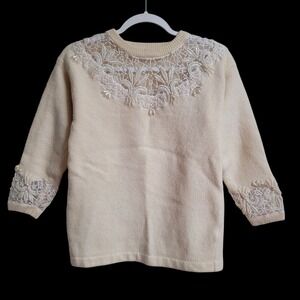 Cream Lace Pearl Embellished Lambswool Angora Blend Knit Sweater Crew‎ Neck XS